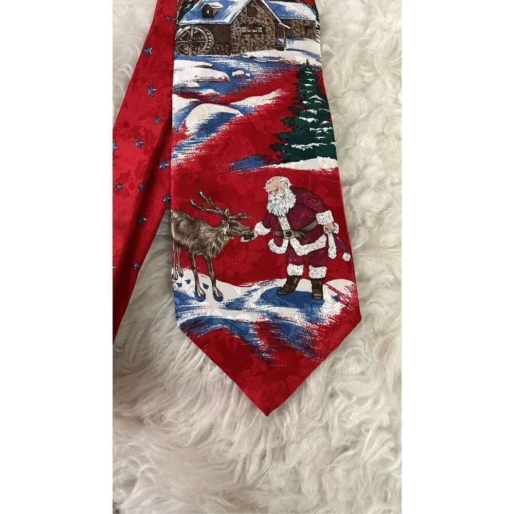 TOWNCRAFT Men’s Silk Christmas Dress Tie Santa Feeding Reindeer Vintage 46” Red